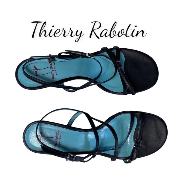 Thierry Rabotin Black Leather Slingback Strappy Buckle Heel Open Toe Size 9 - Picture 1 of 16